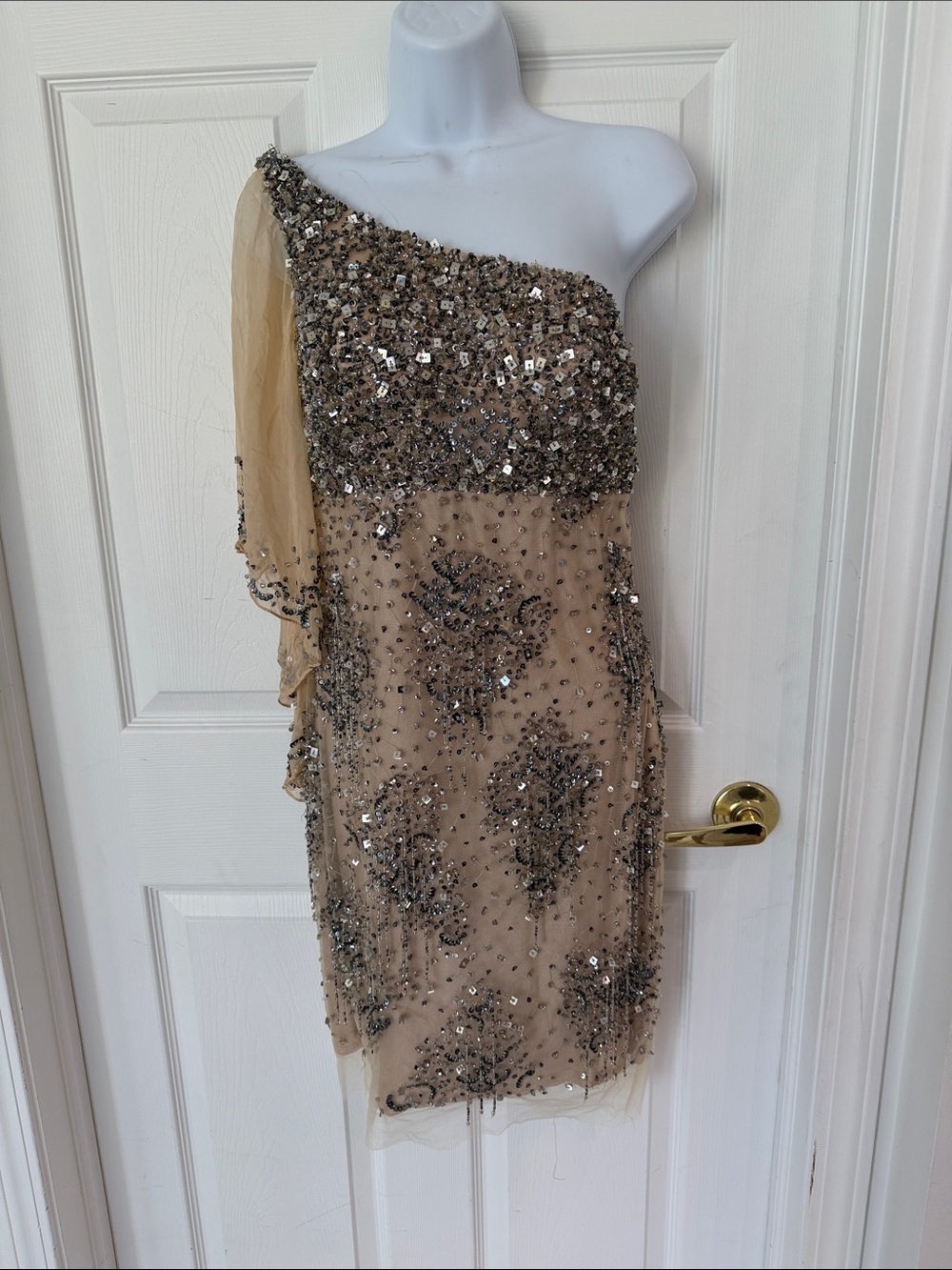 NIKA One-Shoulder Beige Sequin Mini Dress